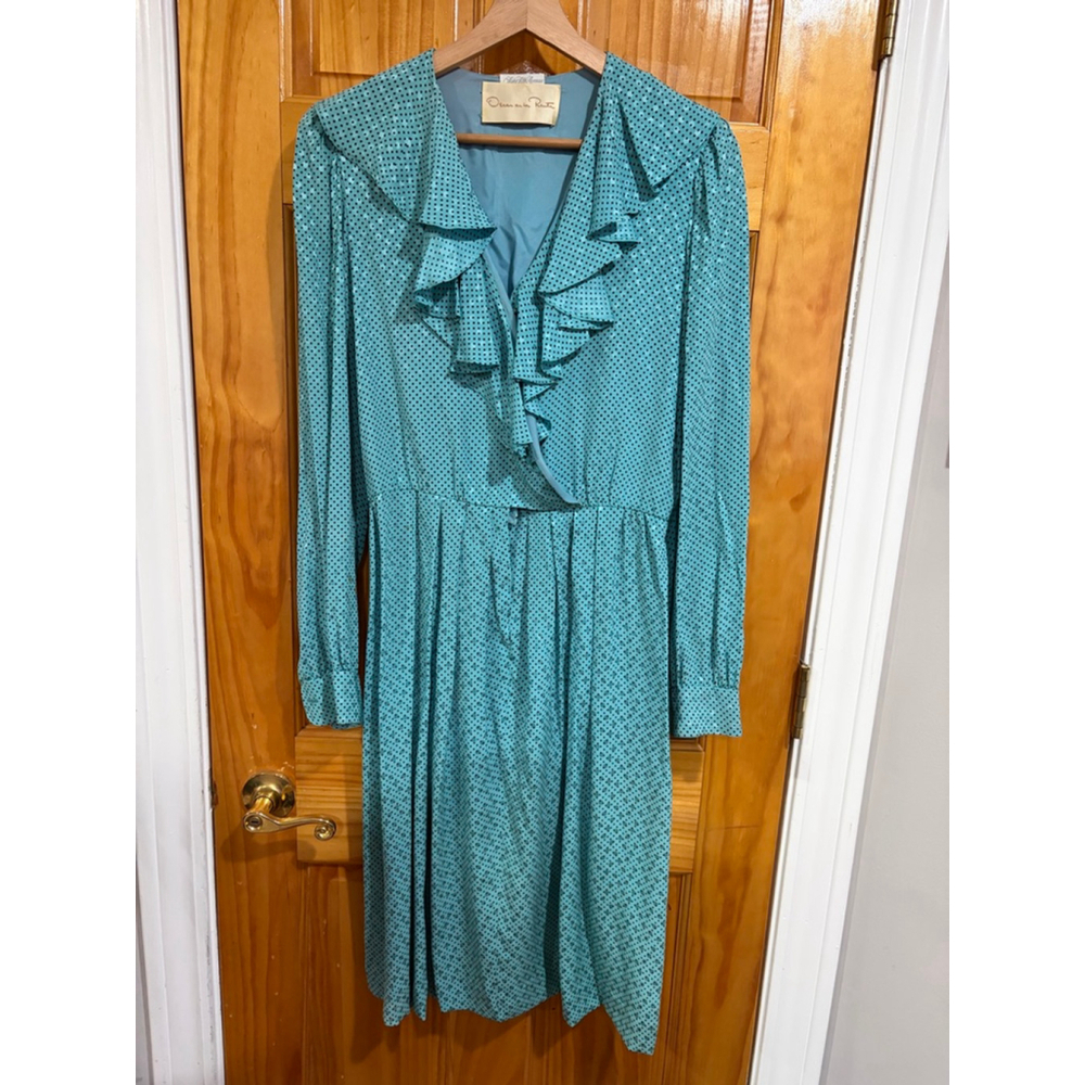 Oscar de la Renta Vintage Teal Polka Dot Ruffle Dress Belted Long Sleeve Size 10